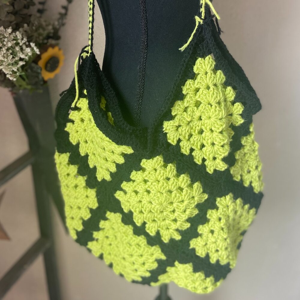 Handmade Crochet Lime Green and Black Granny Square Large Bag